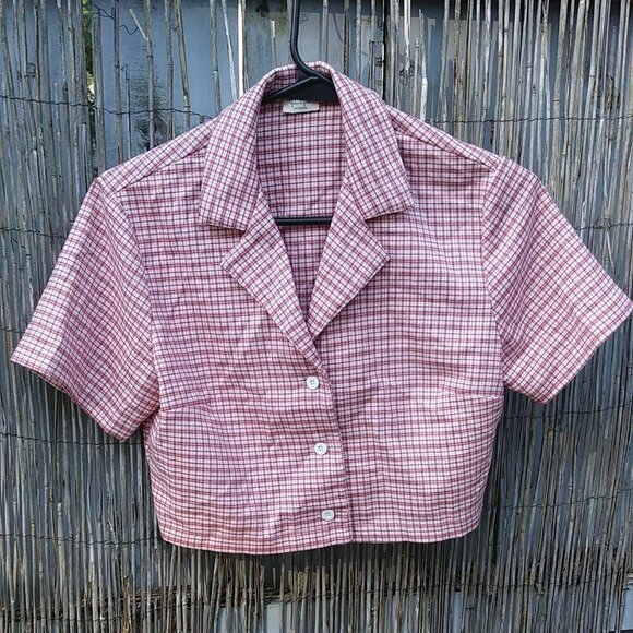 Brandy Melville / John Galt Vivian Red White Plaid Soft Button Down Crop Top - Picture 2 of 13